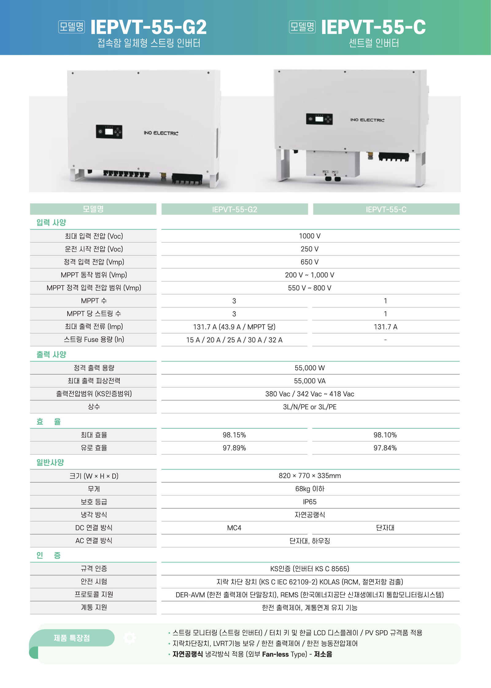 이노일렉트릭 IEPVT-55-G2·IEPVT-55-G2(30) 55kW 스트링 인버터 사양서 1페이지