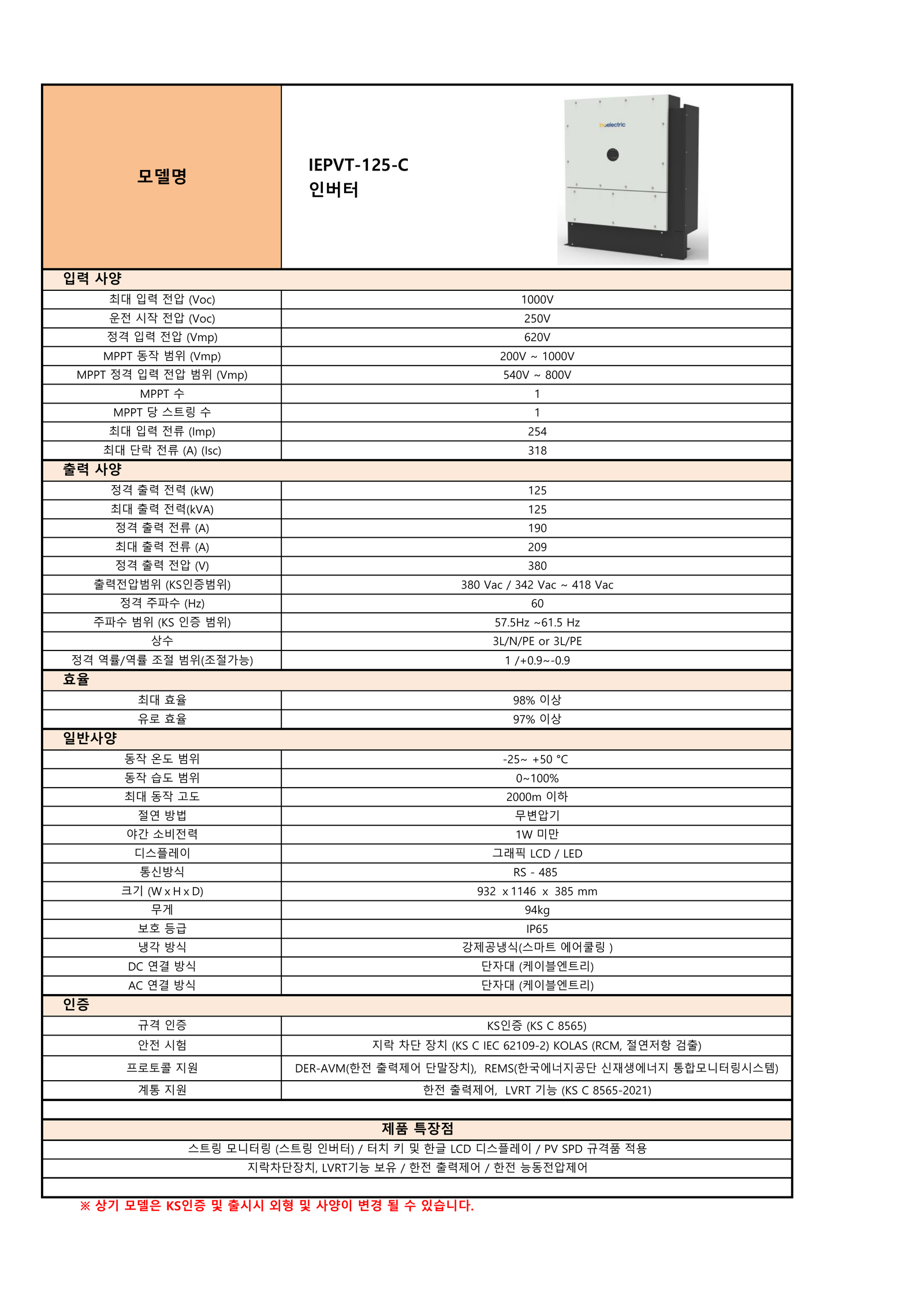 이노일렉트릭 IEPVT-125-C 125kW 센트럴 인버터 사양서 1페이지